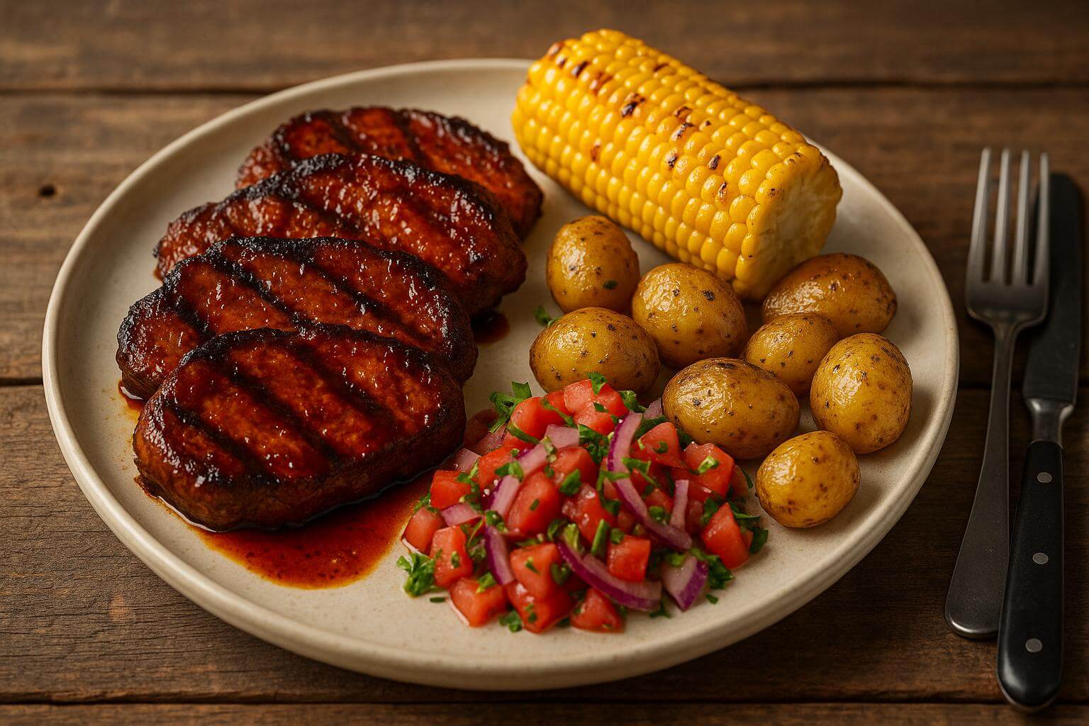 Grillad middag på rustik träbord